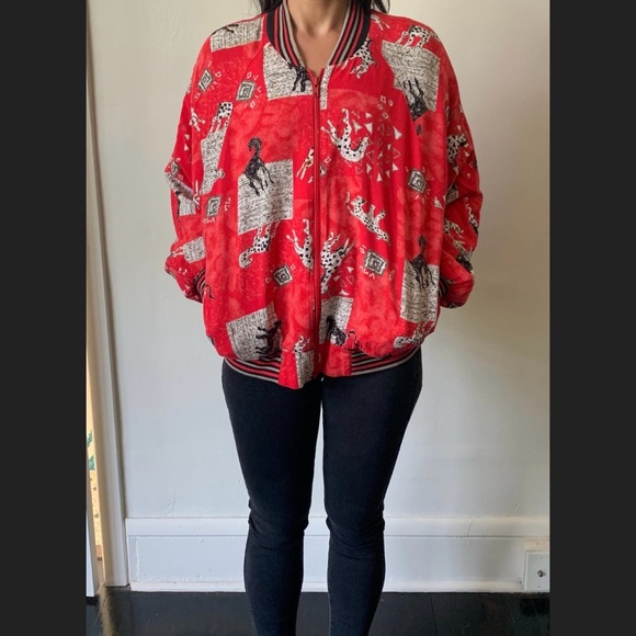 Vintage Giraffe Print Red Bomber Jacket 1990's 90's Animal Safari Bomber Jacket - Picture 4 of 10